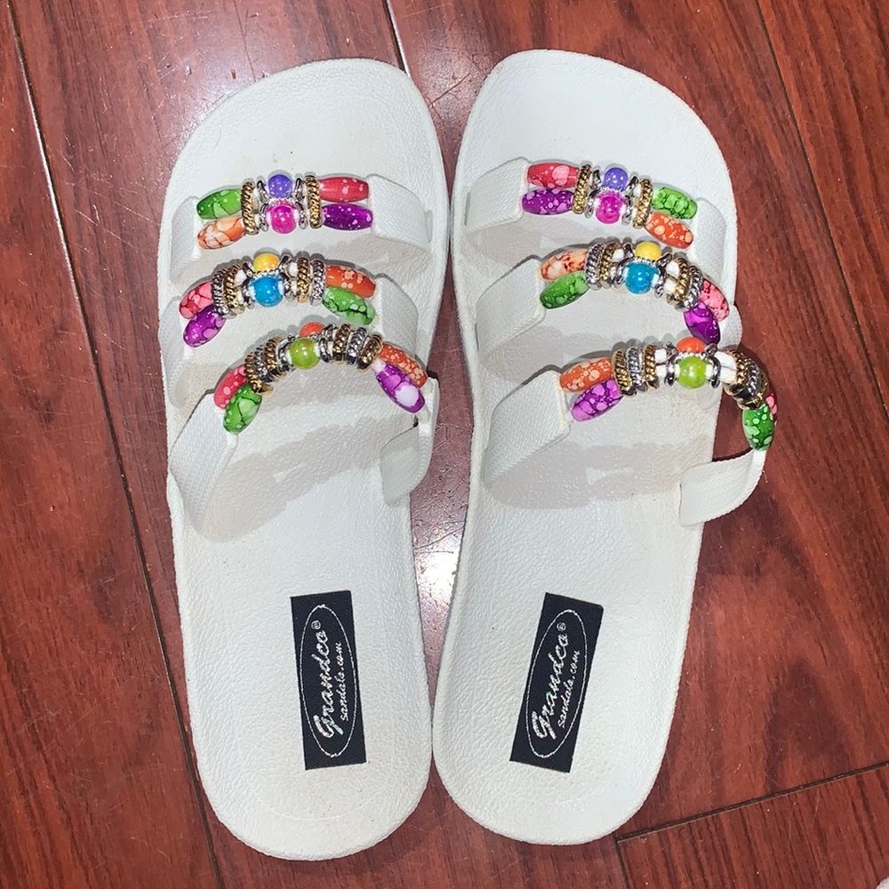 Grandco Sandals. These sandals have 3 bands with colorful fun beads.